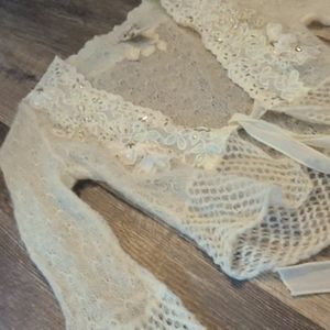 ~Anthro~Kenzie~Ivory Mohair Beaded Crop Wrap XS TP